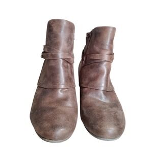 Brown Faux Leather Ankle Boots with Buckle Detail Side Zip Wedge Heel Size 9.5W